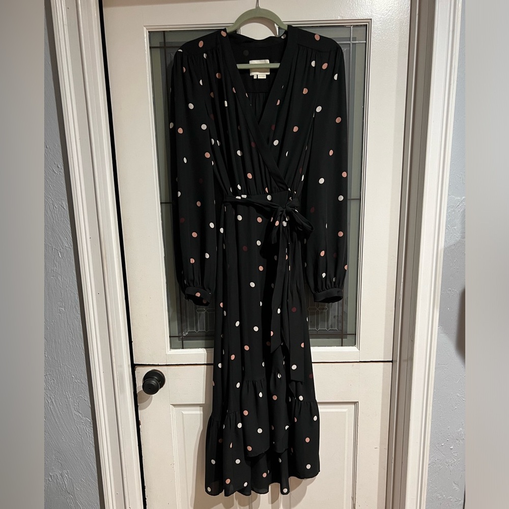 Kate spade black dress with pink and white polkadots.